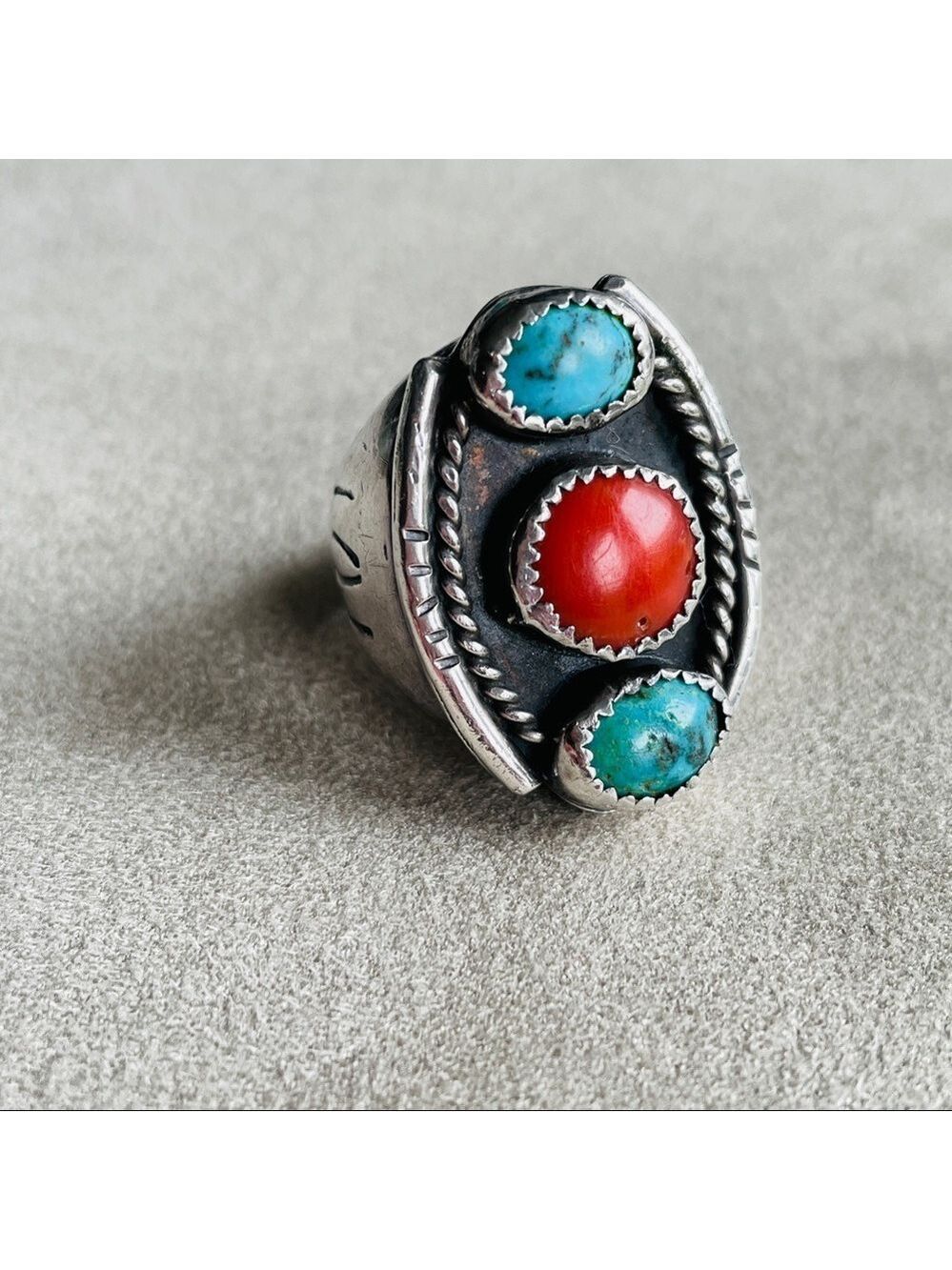 Native American Turquoise And Coral Sterling Silver Old Pawn Men’s HUGE …